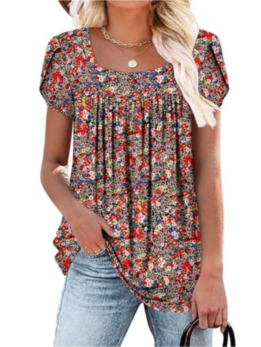 Womens Short Sleeve Tunic Top Floral Square Neck High Low Hem Loose Fit Blouse